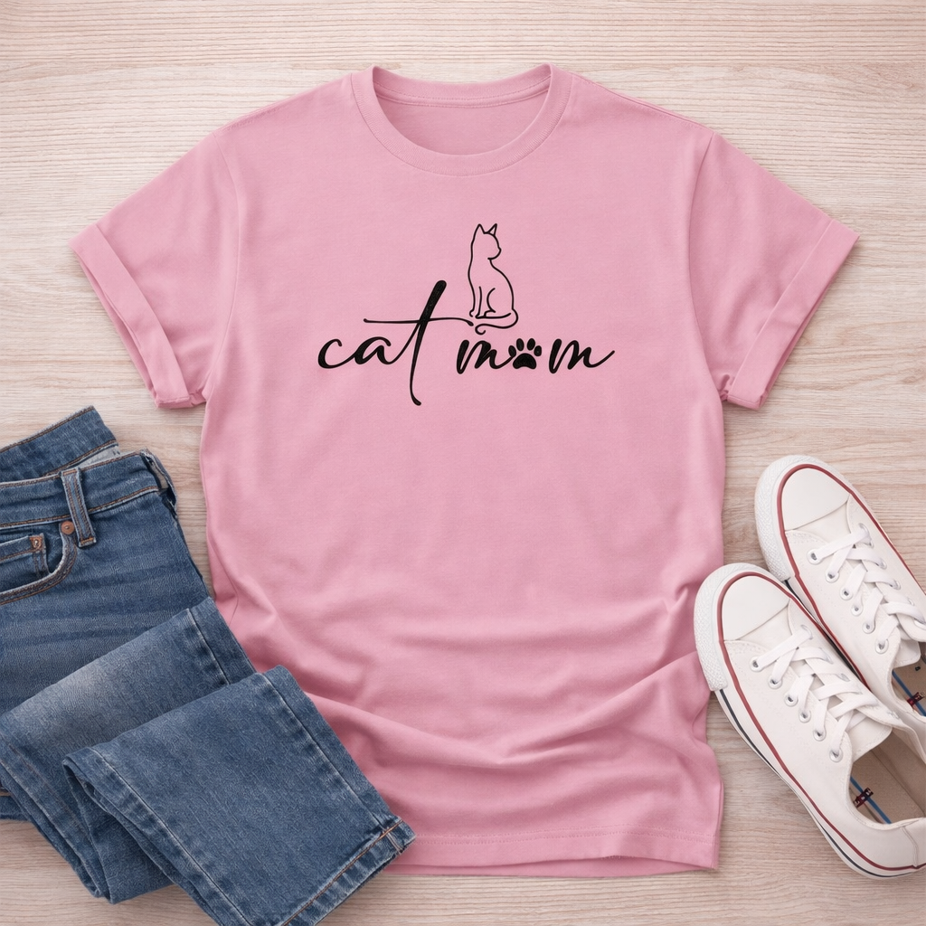 Cat Mom Shirt, Minimalist Cat Lover Tee, Cute Script Pet Mom Shirt, Aesthetic Cat Owner Tee, Womens Graphic T Shirt, Soft Pink Tee