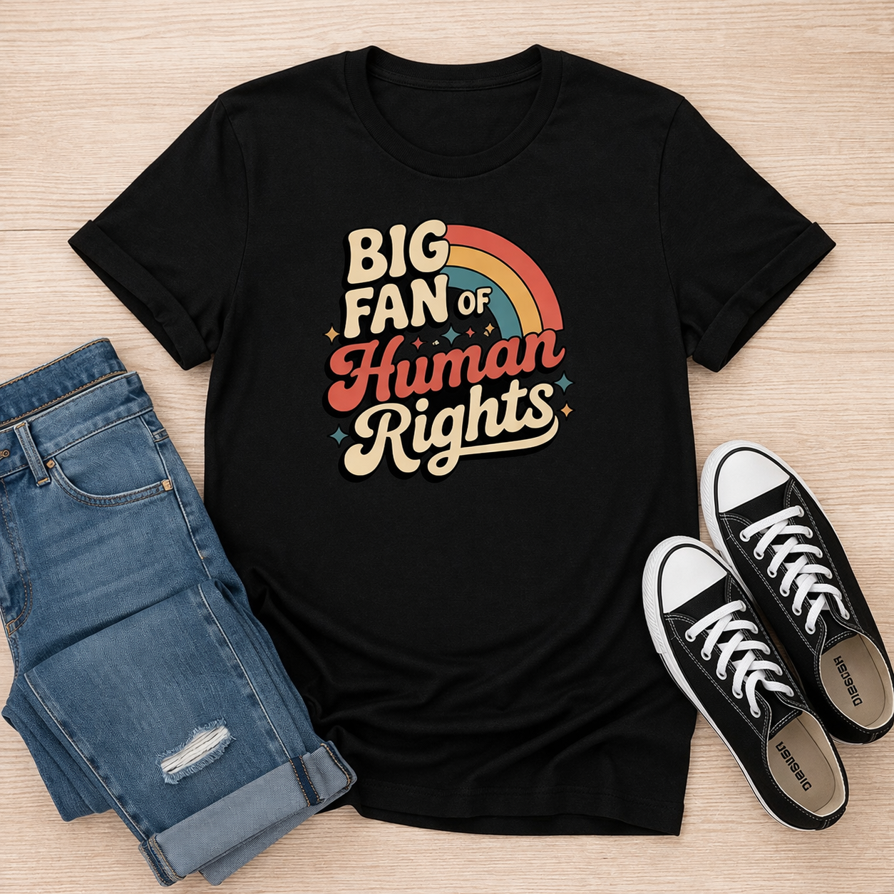 Human Rights Shirt, Big Fan of Human Rights Tee, Retro Rainbow Graphic Shirt, Feminist Statement Tee, Equality Shirt, Vintage Style Tee