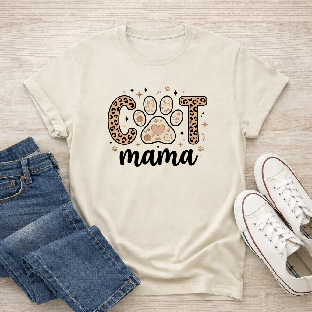 Cat Mama Shirt, Leopard Print Cat Lover Tee, Cute Pet Mom Shirt, Trendy Animal Lover Gift, Womens Graphic Tee, Cat Owner Apparel