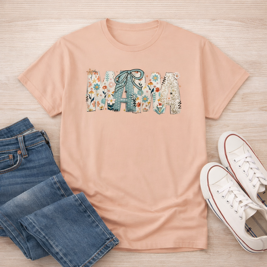 Mama Shirt, Floral Mama Tee, Cute Mom Gift Shirt, Aesthetic Mothers Day Shirt, Womens Graphic Tee, Trendy Mom Outfit, Soft Peach Tee