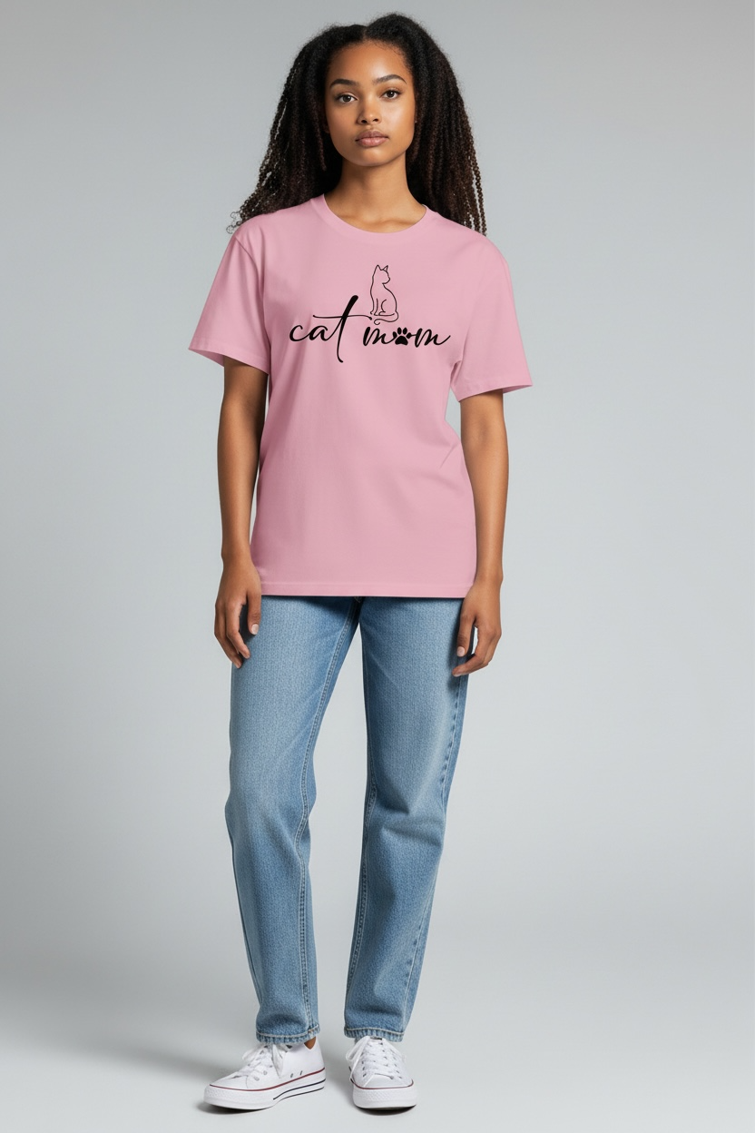 Cat Mom Shirt, Minimalist Cat Lover Tee, Cute Script Pet Mom Shirt, Aesthetic Cat Owner Tee, Womens Graphic T Shirt, Soft Pink Tee