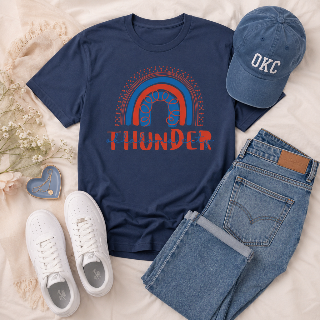 Thunder Rainbow Graphic Tee | Retro OKC Game Day Shirt
