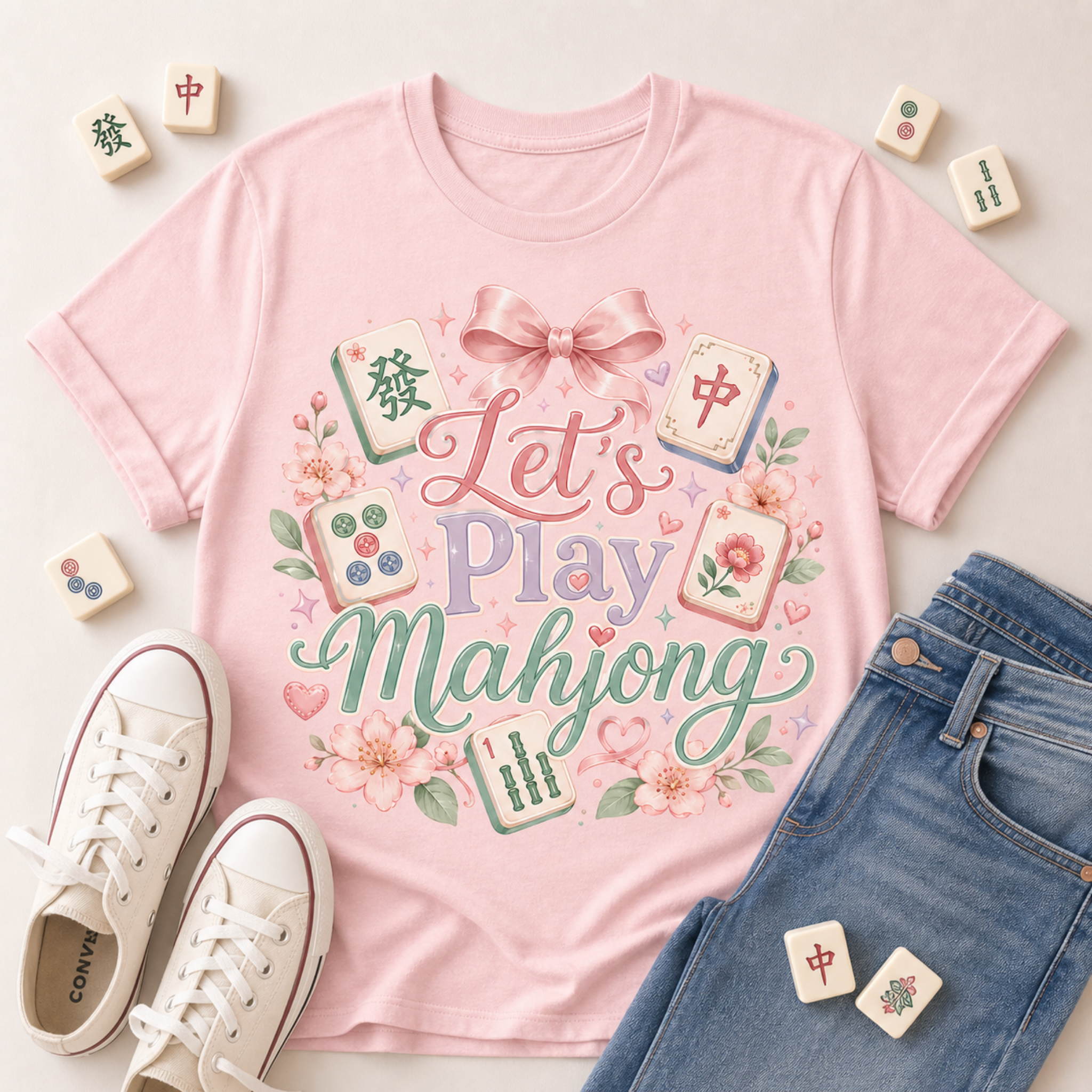Let's Play Mahjong Shirt | Cute Floral American Mahjong T-Shirt | Mah Jongg Player Gift | Women's Game Night Tee