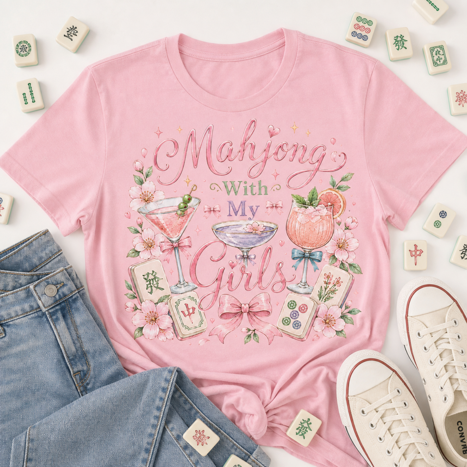 Mahjong With My Girls Shirt | Cute American Mahjong T-Shirt | Mah Jongg Girls Trip Tee | Game Night Gift for Women