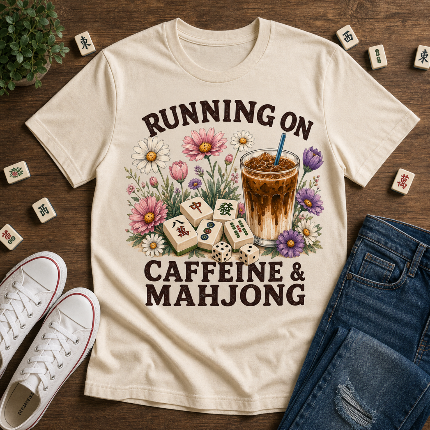 Running on Caffeine & Mahjong Shirt | Funny American Mahjong T-Shirt | Coffee Lover Mah Jongg Tee | Women's Game Night Gift