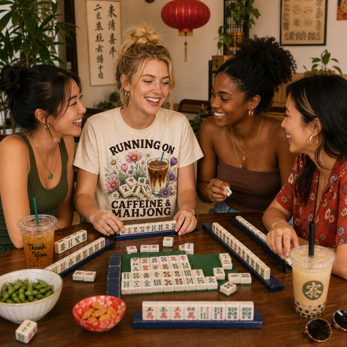 Running on Caffeine & Mahjong Shirt | Funny American Mahjong T-Shirt | Coffee Lover Mah Jongg Tee | Women's Game Night Gift